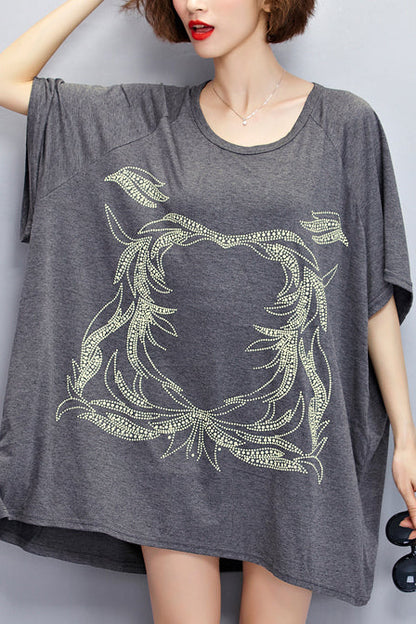 DIY dunkelgraue Baumwollbluse Pakistanische Inspiration O-Ausschnitt Midi Sommertops