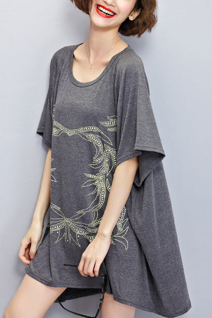 DIY dunkelgraue Baumwollbluse Pakistanische Inspiration O-Ausschnitt Midi Sommertops