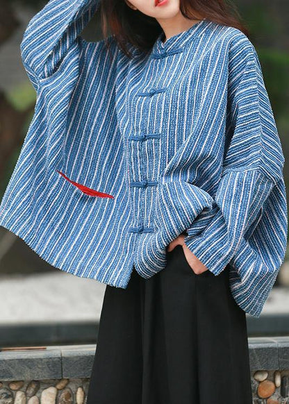 diy denim blue striped clothes For Women Gifts stand collar tops - SooLinen