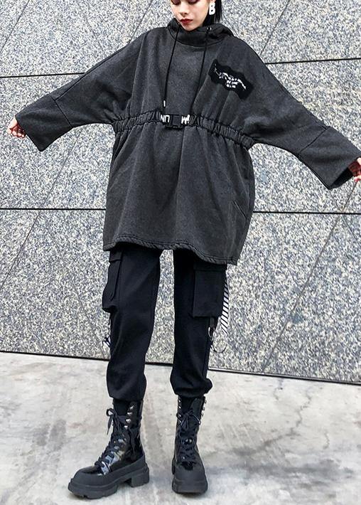 diy gray cotton tunic pattern hooded drawstring Plus Size Clothing tops - SooLinen