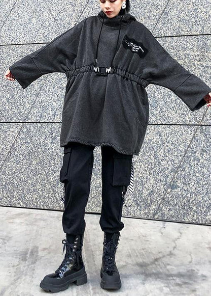 diy gray cotton tunic pattern hooded drawstring Plus Size Clothing tops - SooLinen