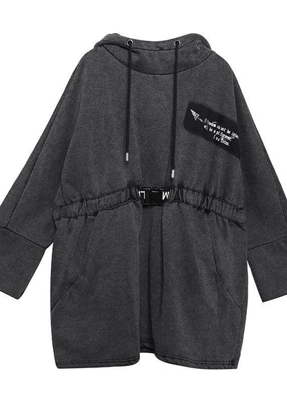 diy gray cotton tunic pattern hooded drawstring Plus Size Clothing tops - SooLinen