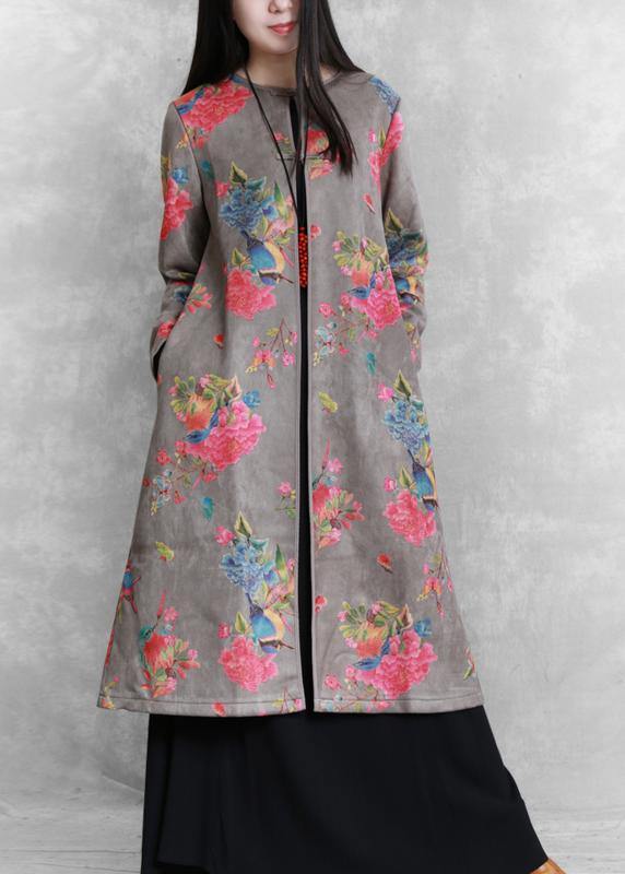 diy gray fine clothes For Women Tutorials o neck prints women coats - SooLinen