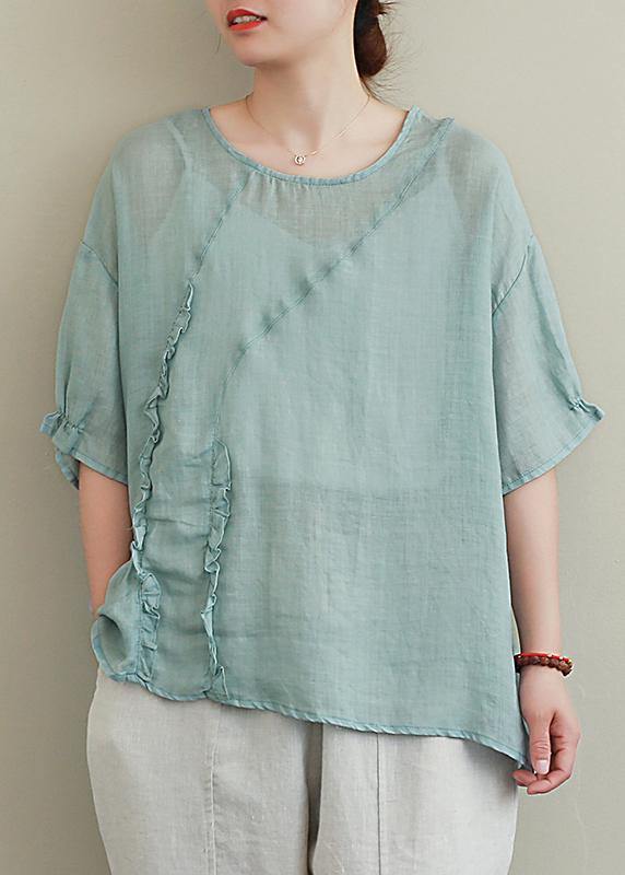 diy green linen tops o neck Ruffles oversized blouses - SooLinen