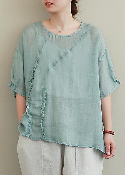 diy green linen tops o neck Ruffles oversized blouses - SooLinen