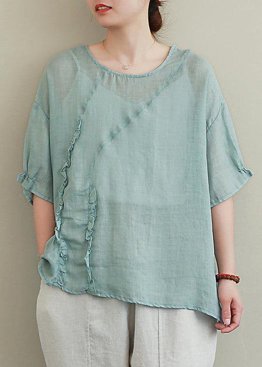 diy green linen tops o neck Ruffles oversized blouses - SooLinen