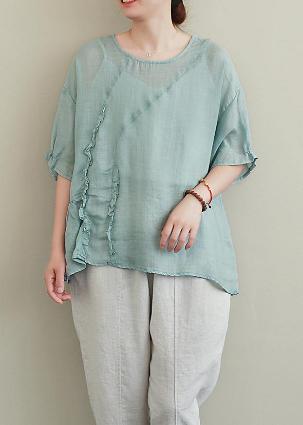 diy green linen tops o neck Ruffles oversized blouses - SooLinen