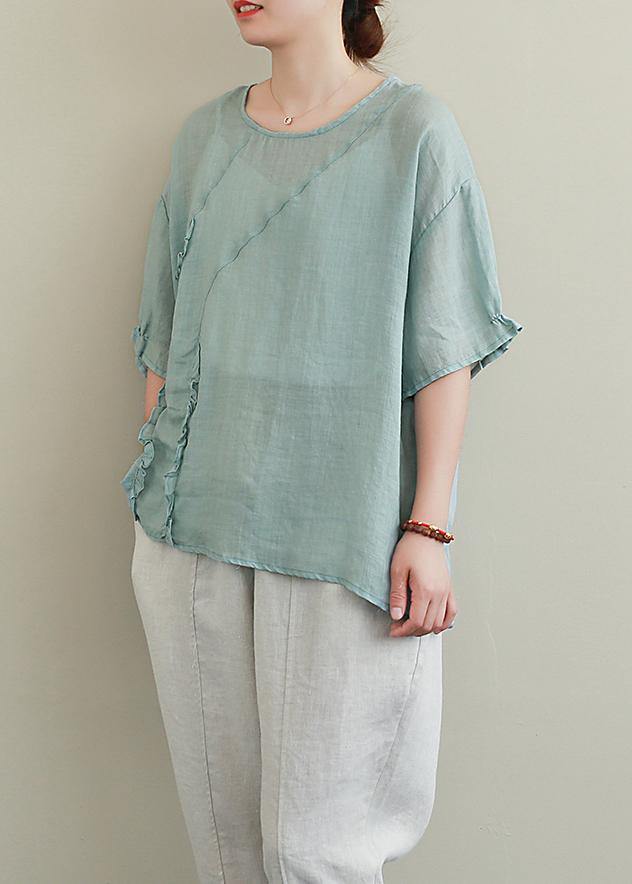 diy green linen tops o neck Ruffles oversized blouses - SooLinen