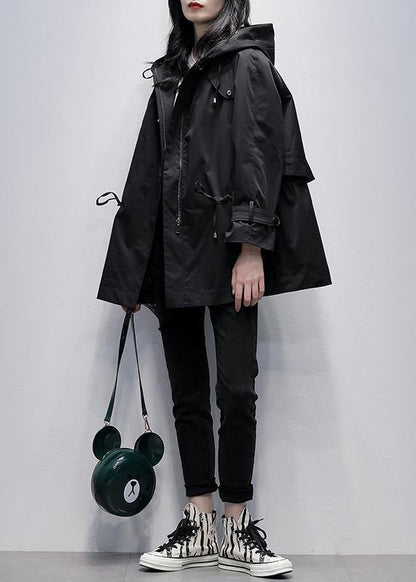 diy hooded drawstring Fine coat for woman black baggy outwear - SooLinen