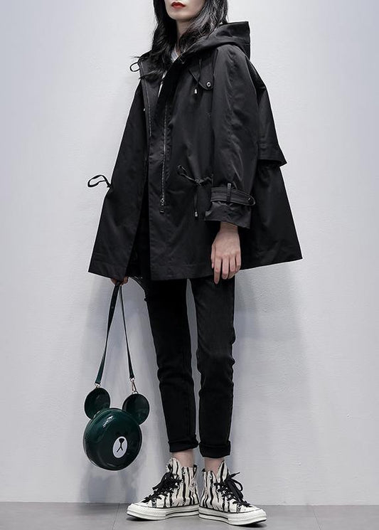 diy hooded drawstring Fine coat for woman black baggy outwear - SooLinen