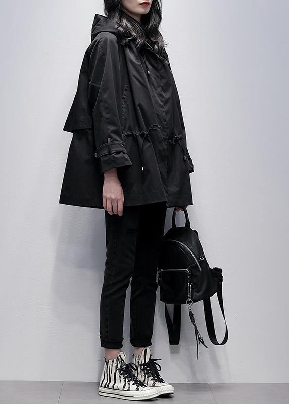 diy hooded drawstring Fine coat for woman black baggy outwear - SooLinen