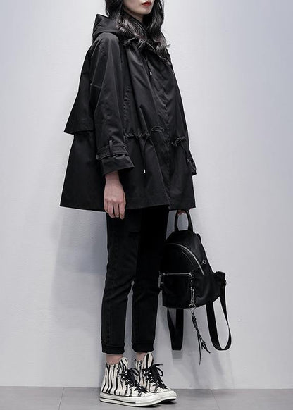 diy hooded drawstring Fine coat for woman black baggy outwear - SooLinen