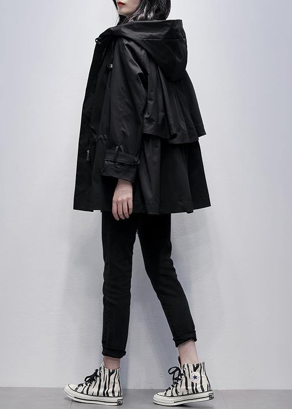 diy hooded drawstring Fine coat for woman black baggy outwear - SooLinen