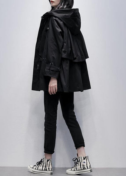 diy hooded drawstring Fine coat for woman black baggy outwear - SooLinen