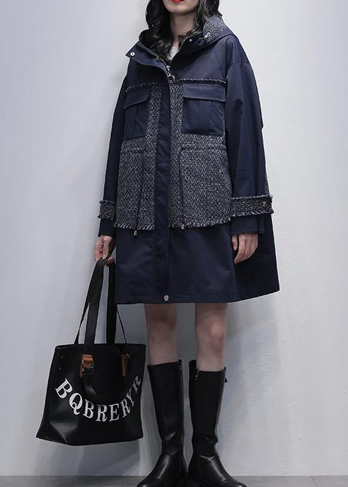 diy hooded patchwork Fine tunics for women navy baggy coats - SooLinen