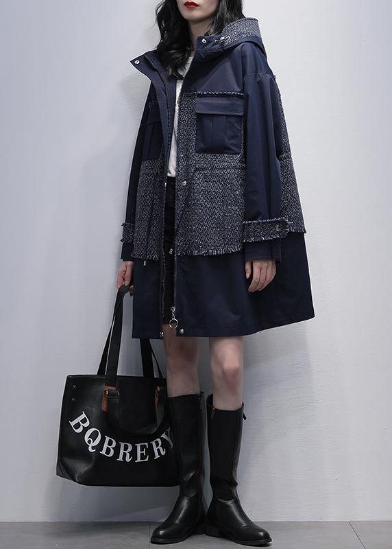 diy hooded patchwork Fine tunics for women navy baggy coats - SooLinen