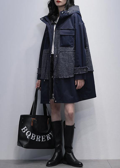 diy hooded patchwork Fine tunics for women navy baggy coats - SooLinen
