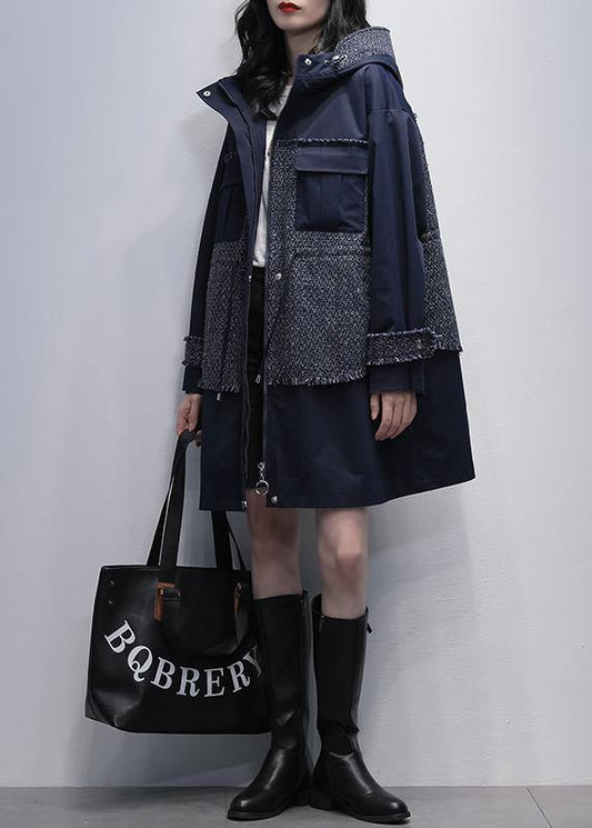 diy hooded patchwork Fine tunics for women navy baggy coats - SooLinen