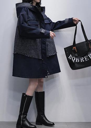 diy hooded patchwork Fine tunics for women navy baggy coats - SooLinen