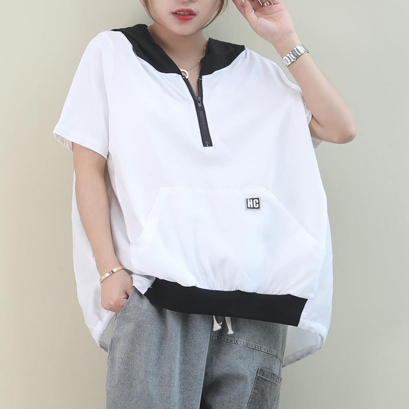 diy hooded patchwork cotton summerclothes Work Outfits white tops - SooLinen
