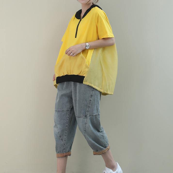 diy hooded patchwork cotton summerclothes Work Outfits white tops - SooLinen