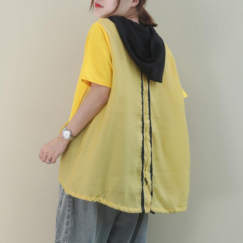 diy hooded patchwork cotton summerclothes Work Outfits white tops - SooLinen