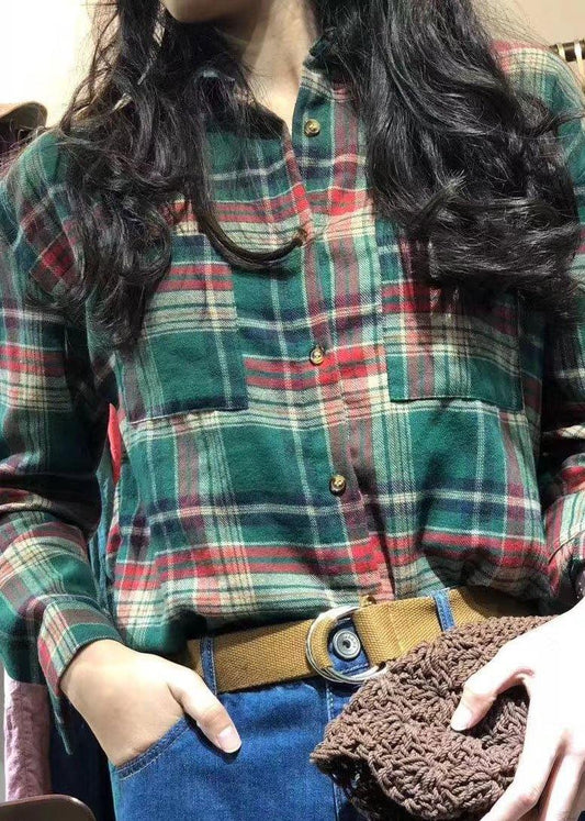 diy lapel collar cotton clothes pattern green plaid shirt autumn - SooLinen