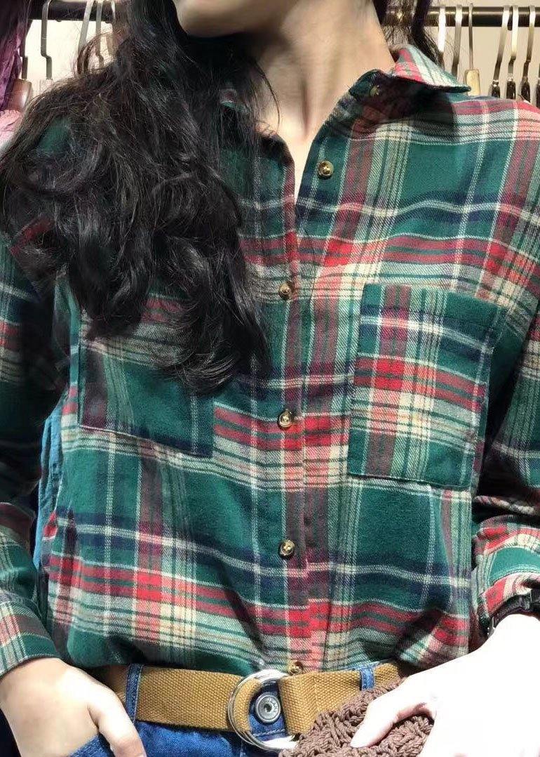 diy lapel collar cotton clothes pattern green plaid shirt autumn - SooLinen