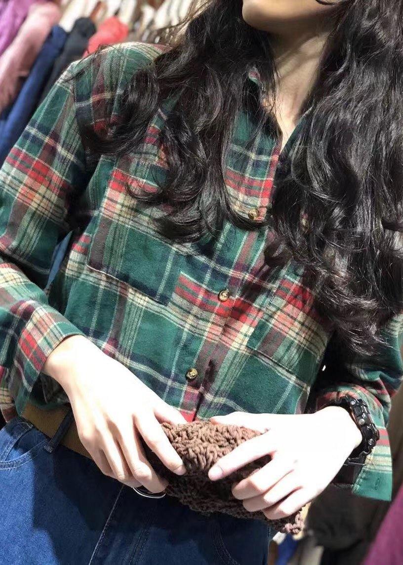 diy lapel collar cotton clothes pattern green plaid shirt autumn - SooLinen