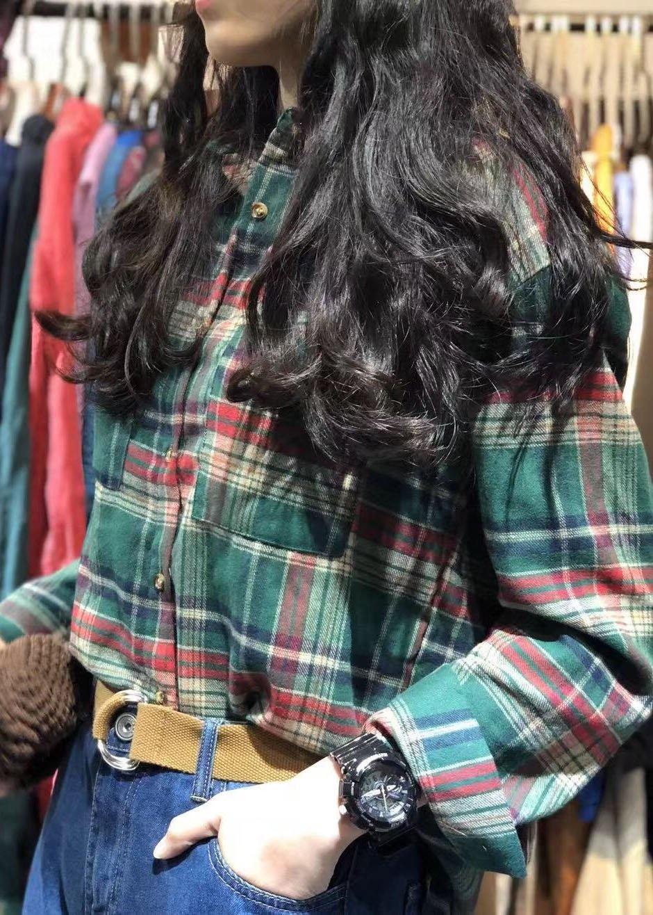 diy lapel collar cotton clothes pattern green plaid shirt autumn - SooLinen