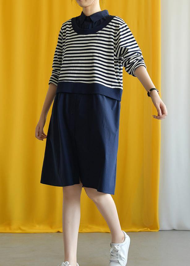 diy navy striped cotton box dress lapel false two pieces Midi fall dress - SooLinen
