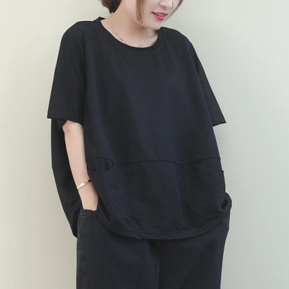 diy o neck Batwing Sleeve cotton summer top Inspiration black shirt - SooLinen