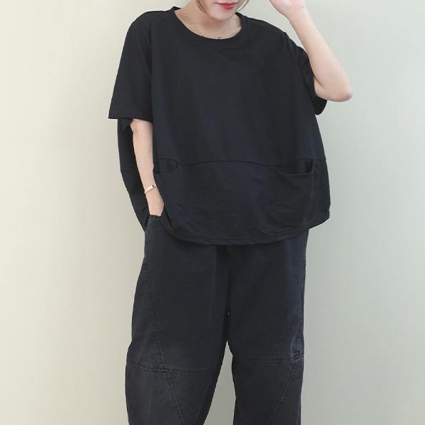 diy o neck Batwing Sleeve cotton summer top Inspiration black shirt - SooLinen