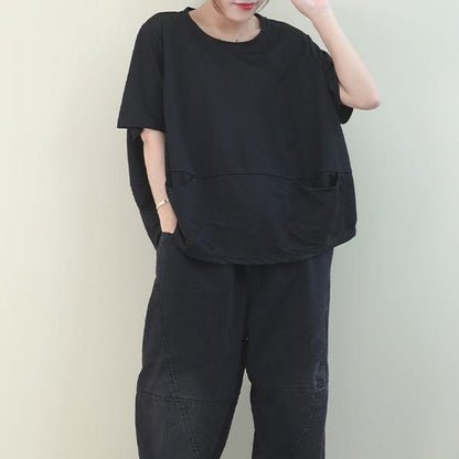 diy o neck Batwing Sleeve cotton summer top Inspiration black shirt - SooLinen