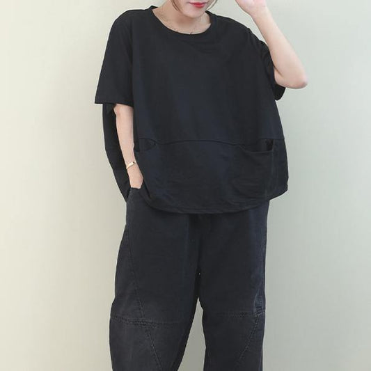 diy o neck Batwing Sleeve cotton summer top Inspiration black shirt - SooLinen