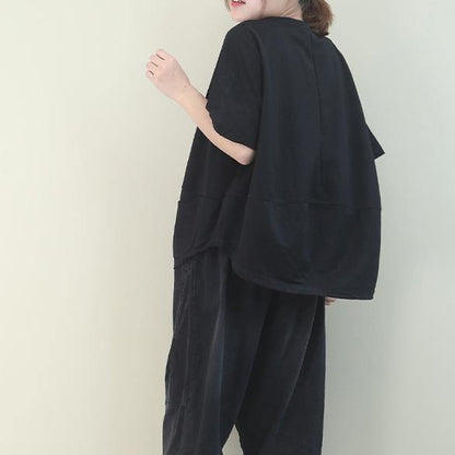 diy o neck Batwing Sleeve cotton summer top Inspiration black shirt - SooLinen