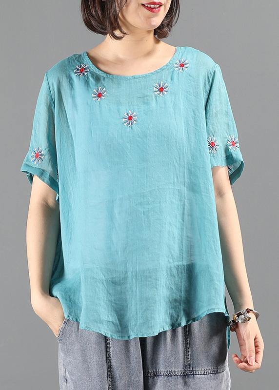 diy o neck clothes For Women blue embroidery short blouse - SooLinen