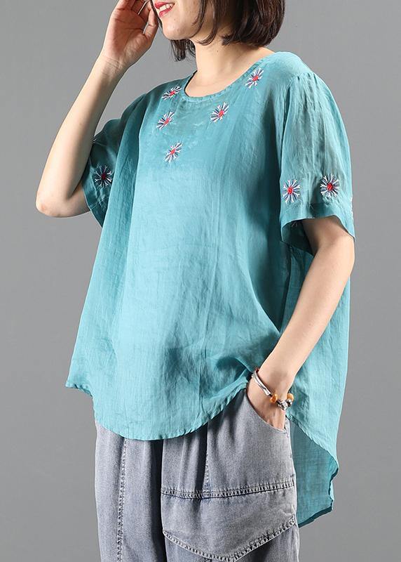 diy o neck clothes For Women blue embroidery short blouse - SooLinen