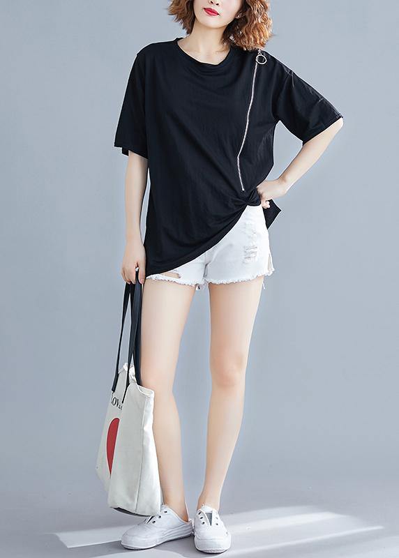 diy o neck zippered cotton Blouse Work black shirt summer - SooLinen