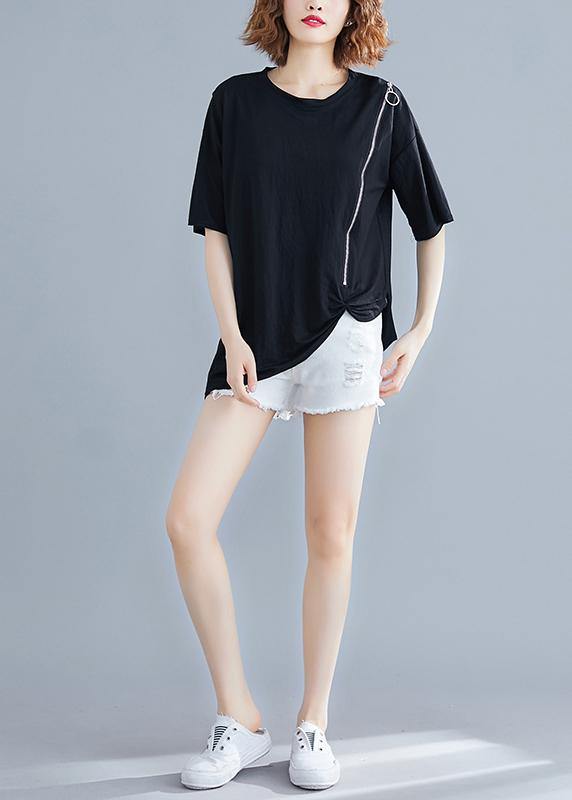 diy o neck zippered cotton Blouse Work black shirt summer - SooLinen