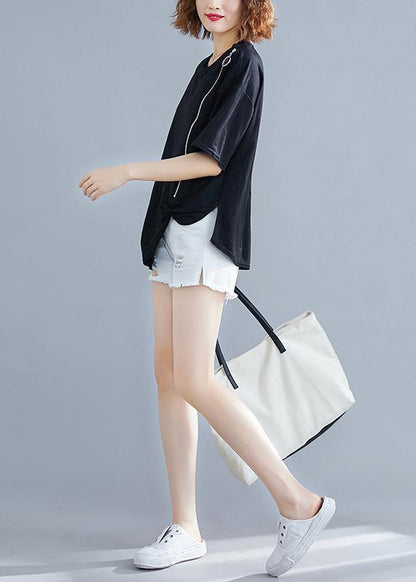 diy o neck zippered cotton Blouse Work black shirt summer - SooLinen