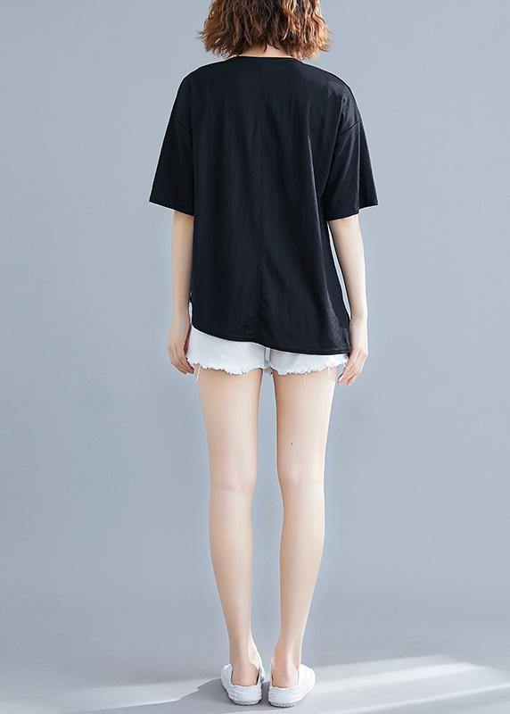 diy o neck zippered cotton Blouse Work black shirt summer - SooLinen