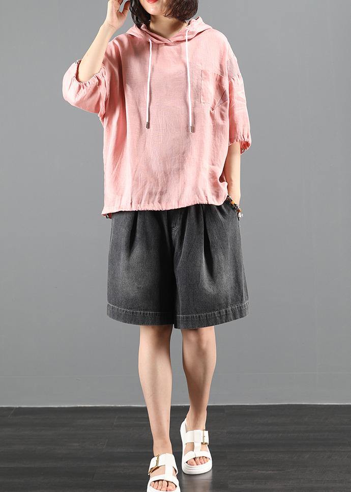 diy pink Blouse Neckline hooded half sleeve shirts - SooLinen