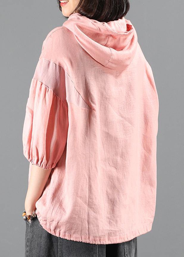 diy pink Blouse Neckline hooded half sleeve shirts - SooLinen