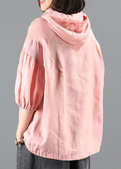 diy pink Blouse Neckline hooded half sleeve shirts - SooLinen