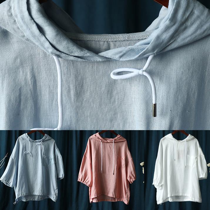 diy pink Blouse Neckline hooded half sleeve shirts - SooLinen