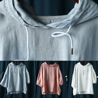 diy pink Blouse Neckline hooded half sleeve shirts - SooLinen
