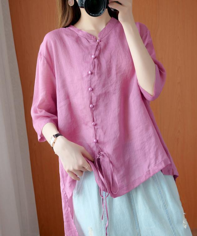 diy pink clothes For Women stand collar asymmetric blouse - SooLinen