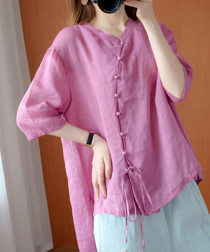 diy pink clothes For Women stand collar asymmetric blouse - SooLinen