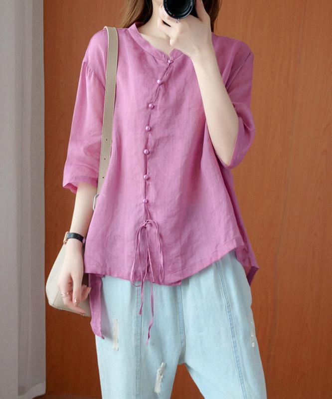 diy pink clothes For Women stand collar asymmetric blouse - SooLinen